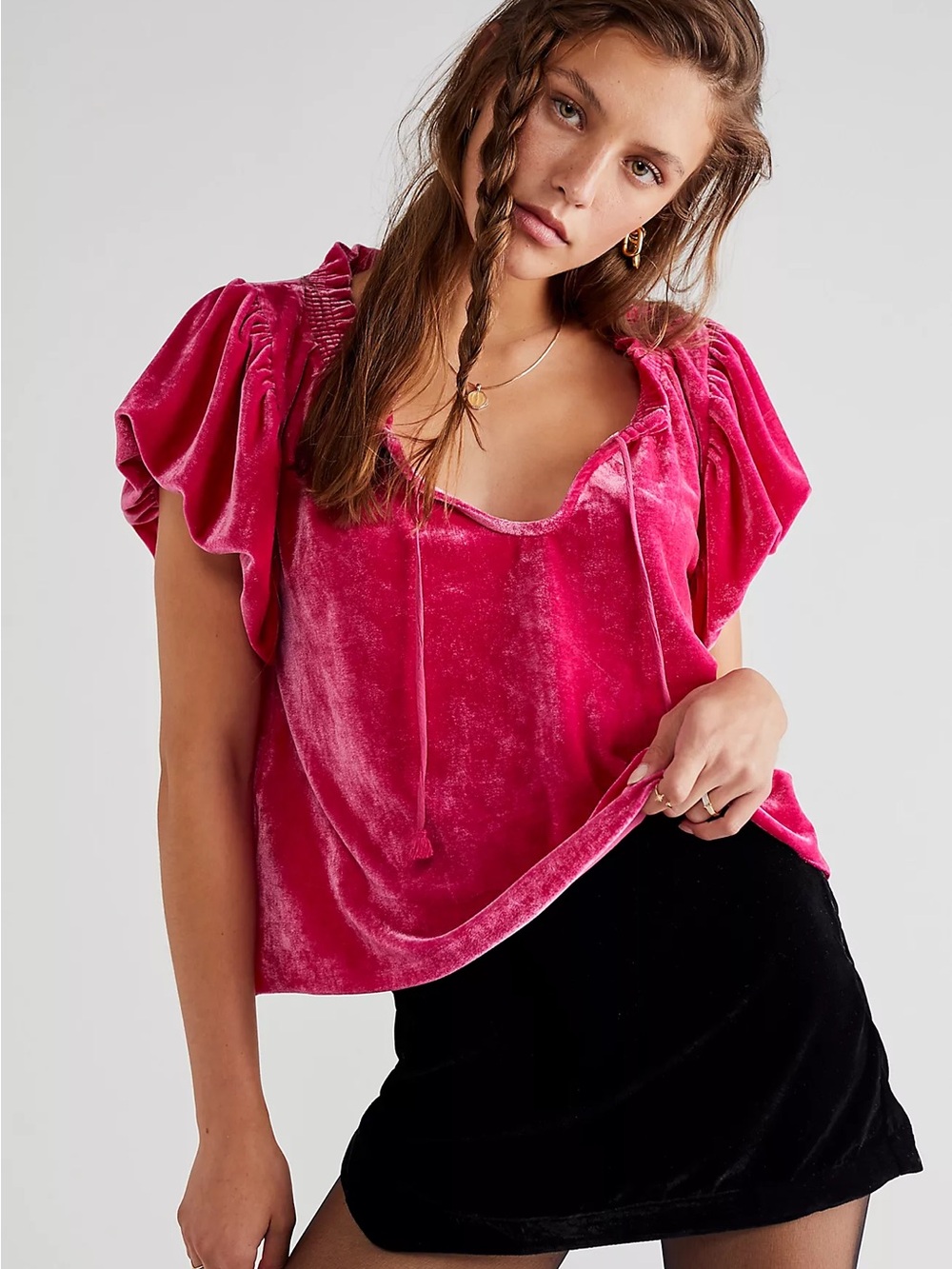 Free People Terese Velvet Flutter Sleeve Top in Hot Pink